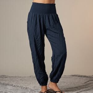 PI Yoga Pants Women Navy Blue Smocked Harem Boho Bali Rayon OS Petite 0-12